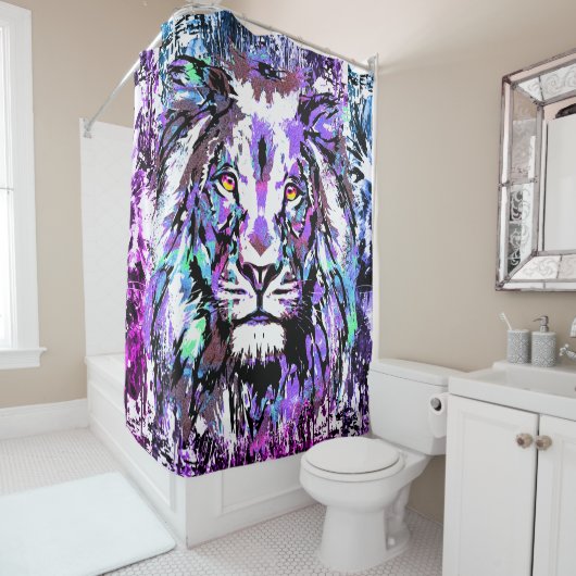 ブルーライオンヘッドシャワーカーテン – ライオン顔 シャワーカーテン (インサイチュ)