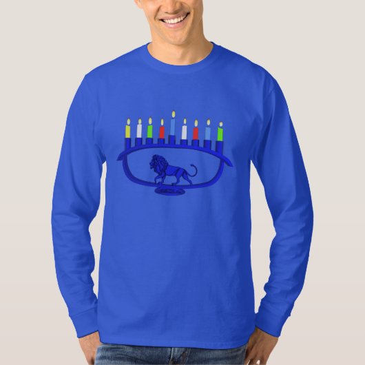 ブルーライオン(ユダヤ教)メノラー Tシャツ (正面)