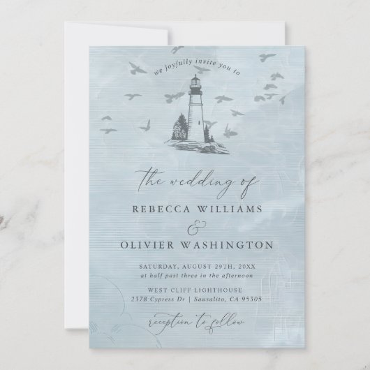 ブルーライトハウス&シーグルス航海のビーチ結婚式 招待状 (正面)