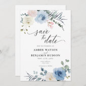 ブルーライト赤面ピンクビーチフローラ保存日付 招待状 (正面/裏面)