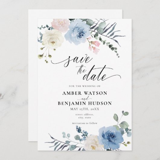 ブルーライト赤面ピンクビーチフローラ保存日付 招待状 (正面/裏面)