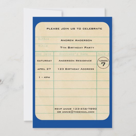 ブルーライブラリカード誕生日 招待状 (正面)