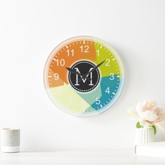 ブルーライムオレンジモザイクモノグモダンラム ラージ壁時計 (ホーム)