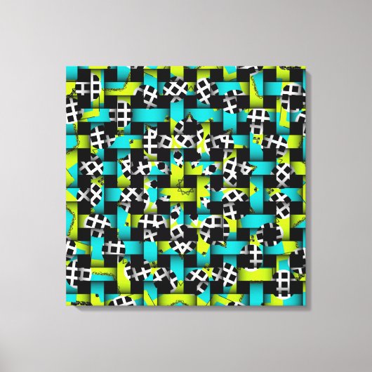 ブルーライムグリーン白黒スクエアサークル織り キャンバスプリント (正面)