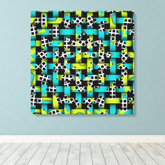 ブルーライムグリーン白黒スクエアサークル織り キャンバスプリント (インサイチュ (ウッドフロア))