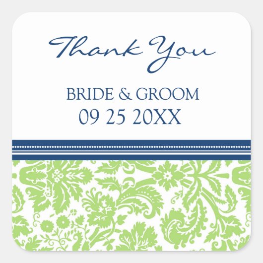 ブルーライムダマスクサンキューユユー結婚式の引き出物ラベル スクエアシール (正面)