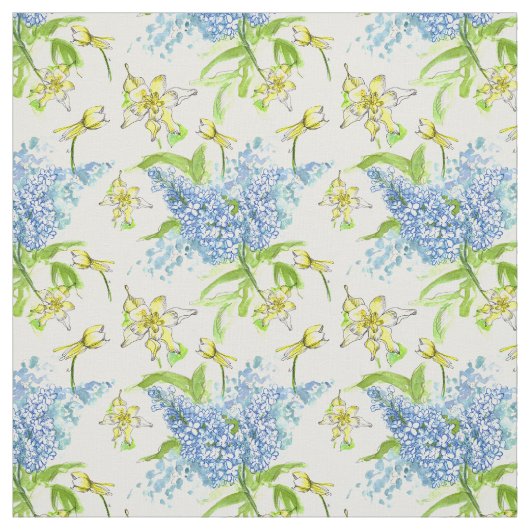 ブルーライラックイエローオダマキ（植物）水彩花 ファブリック (見本)