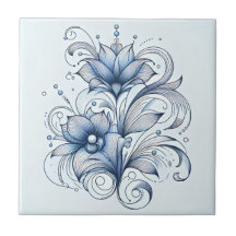 ブルーラインアート抽象芸術花飾りデザイン