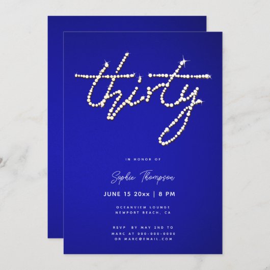 ブルーライン王室のストーン書道30歳の誕生日 招待状 (正面/裏面)