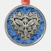 ブルーラウンドデザイエレガントナーハートオーナメント メタルオーナメント (正面)