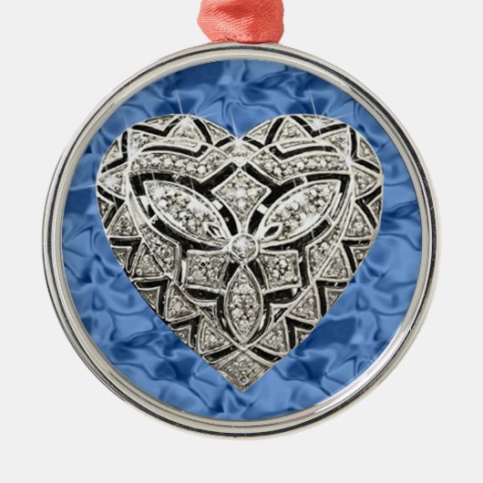 ブルーラウンドデザイエレガントナーハートオーナメント メタルオーナメント (正面)