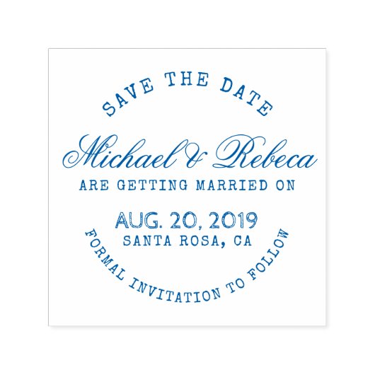 ブルーラウンド素朴タイポグラフィ日付を保結婚存 セルフインキングスタンプ (デザイン)