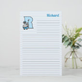 ブルーラクーンモングラム文字R (名前が並んだ文字) 便箋 (スタンド正面)