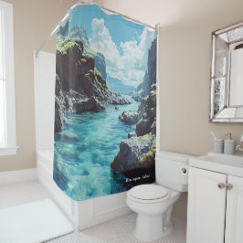 ブルーラグーンアイスランドヴィンテージイラストレーション旅行 シャワーカーテン