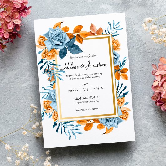 ブルーラストウォーターカラーフローラルエレガントな結婚式 招待状