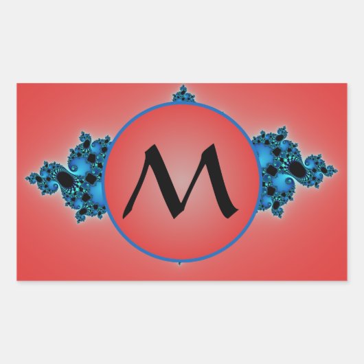 ブルーラッシュ、赤いモノグラムとフラクタルのアラベスク 長方形シール (正面)