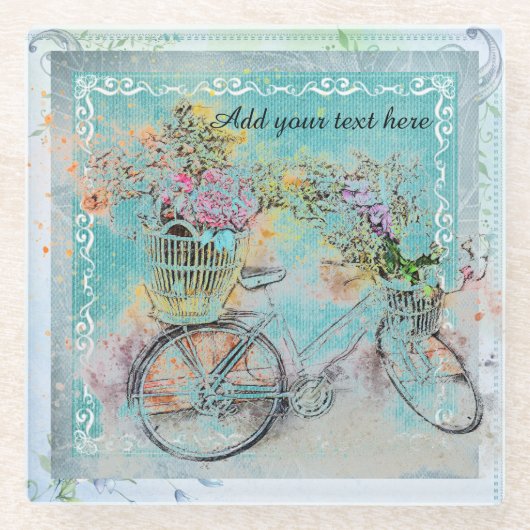 ブルーラップにフラワーバスケットを付けた自転車 ガラスコースター (正面)