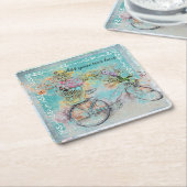 ブルーラップにフラワーバスケットを付けた自転車 スクエアペーパーコースター (アングル)