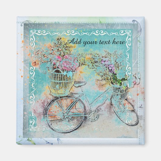 ブルーラップにフラワーバスケットを付けた自転車 マグネット (正面)