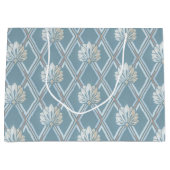 ブルーラテエレガントィスアイボリー羽根ファンパターン ラージペーパーバッグ (正面)