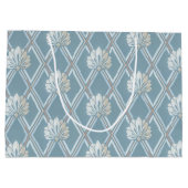 ブルーラテエレガントィスアイボリー羽根ファンパターン ラージペーパーバッグ (裏面)