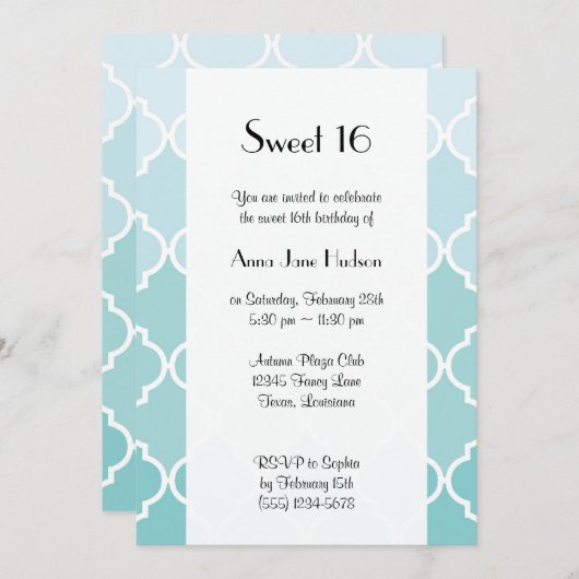 ブルーラテグラデーションチワーク,クローバー,甘い16 招待状 (正面/裏面)