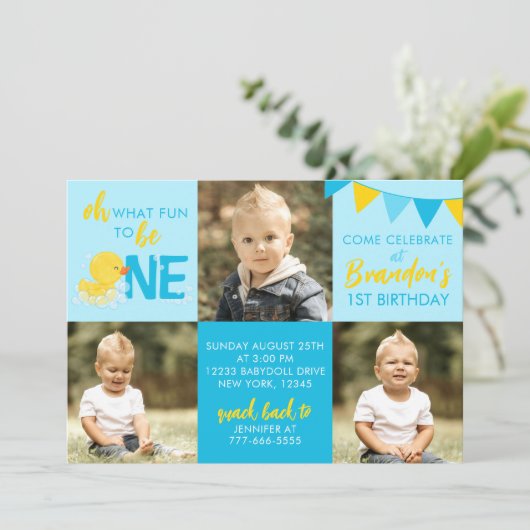 ブルーラバーダック3フォト誕生日招待状 招待状 (スタンド正面)