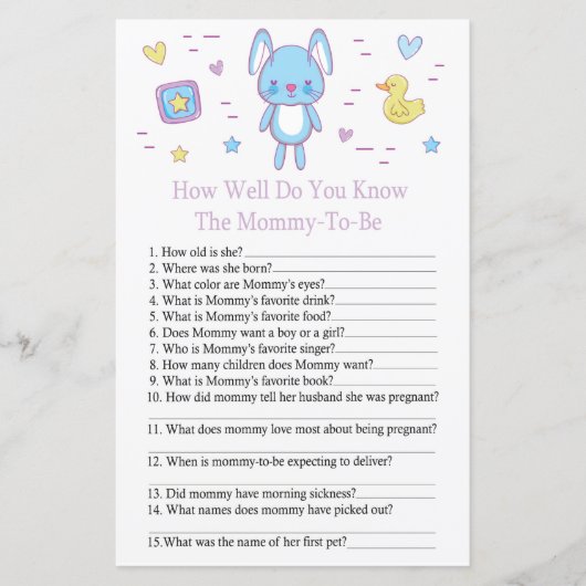 ブルーラビットどのように良く赤ちゃんシャワーのゲームを知っている (正面)