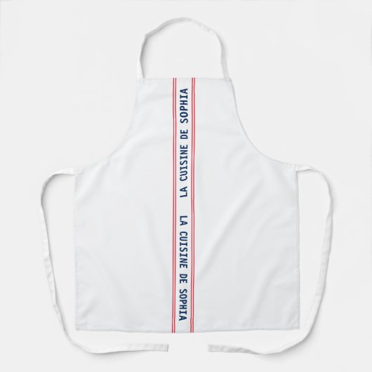 ブルーラフランスのキュイジーヌネーム&レッドストライプの エプロン (正面)