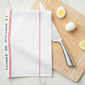 ブルーラフランスのキュイジーヌネーム&レッドストライプの キッチンタオル (四つ折り)