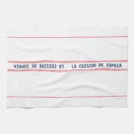 ブルーラフランスのキュイジーヌネーム&レッドストライプの キッチンタオル