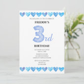 ブルーラブハートの3歳の誕生日写真 招待状 (スタンド正面)