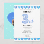 ブルーラブハートの3歳の誕生日写真 招待状 (正面/裏面)
