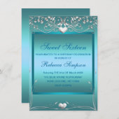ブルーラブハートスウィート16誕生日招待状 招待状 (正面/裏面)