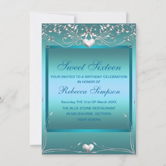 ブルーラブハートスウィート16誕生日招待状 招待状 (正面)