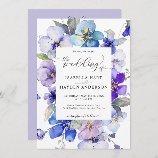 ブルーラベンダーフローラすべて1 QRコード結婚s 招待状 (正面/裏面)