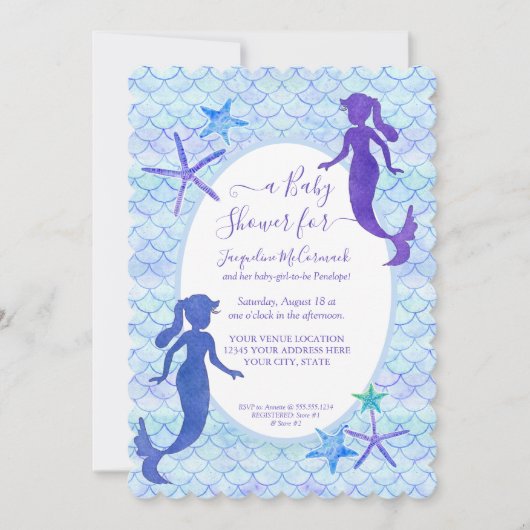 ブルーラベンダーマーメイド水彩ベビーガールシャワー 招待状 (正面)