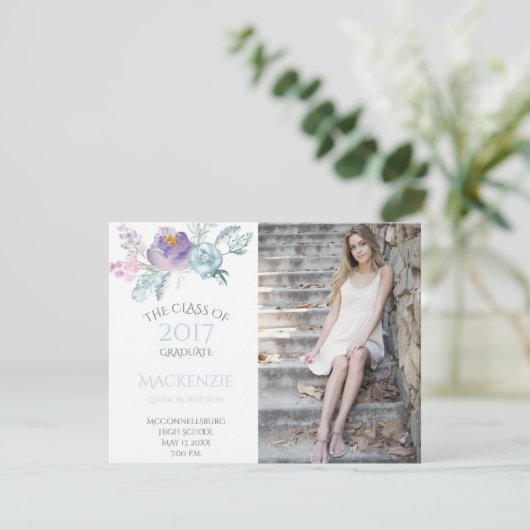 ブルーラベ淡い色のンダーフローラ写真卒業 案内状 (スタンド正面)