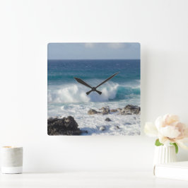 ブルーランドスケープ写真、マウイの波 スクエア壁時計