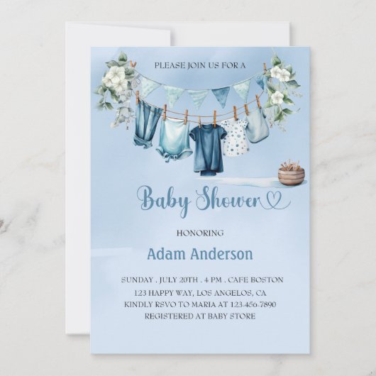 ブルーランドリー付き男の子のシャワーテーマ 招待状 (正面)