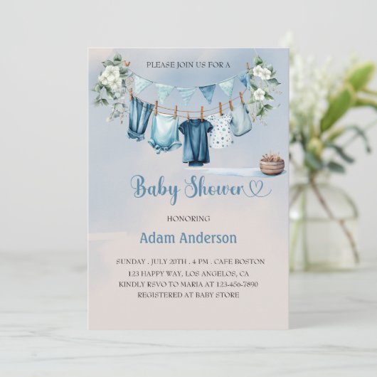 ブルーランドリー付き男の子のシャワーテーマ 招待状 (スタンド正面)
