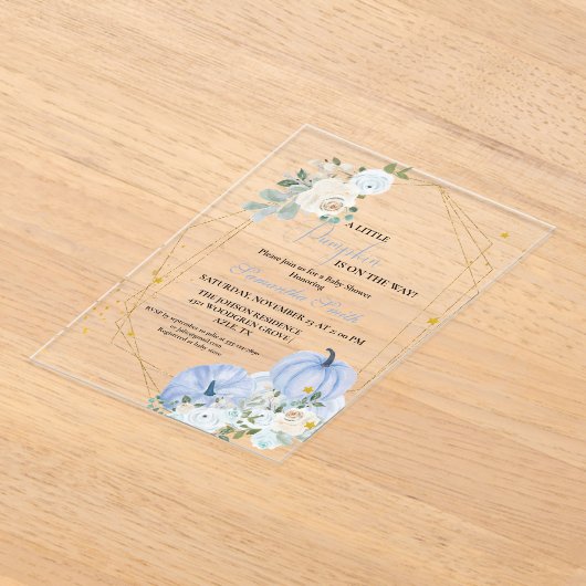 ブルーリッエレガントトルカボチャ男の子ベイビーシャワー アクリル招待状 (レイダウン)