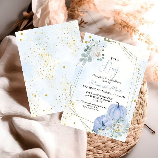 ブルーリッエレガントトルカボチャ男の子ベイビーシャワー 招待状