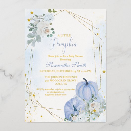 ブルーリッエレガントトルカボチャ男の子ベイビーシャワー 箔招待状 (正面)