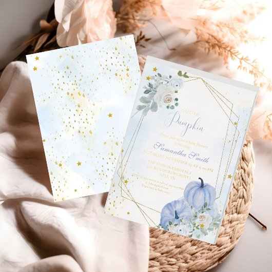 ブルーリッエレガントトルカボチャ男の子ベイビーシャワー 箔招待状