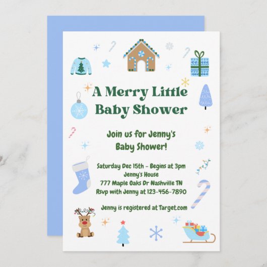 ブルーリッメリートルベビーシャワーボーイ招待状 招待状 (正面/裏面)