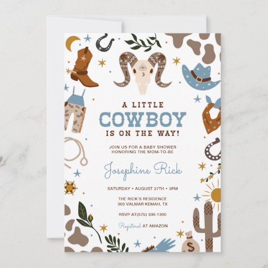 ブルーリトルカウボーイウェスタンロデオ赤ちゃんシャワー 招待状 (正面)