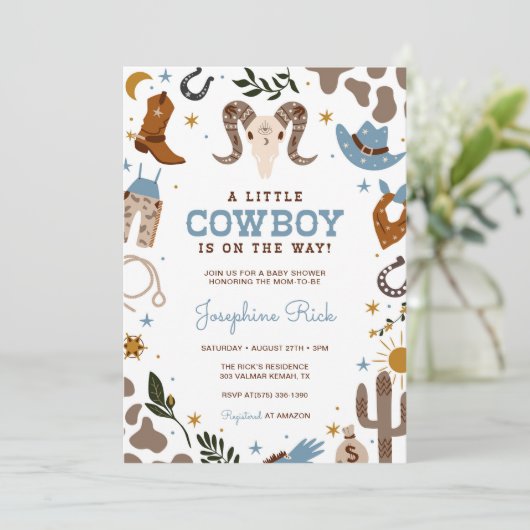 ブルーリトルカウボーイウェスタンロデオ赤ちゃんシャワー 招待状 (スタンド正面)
