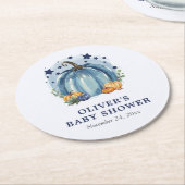 ブルーリトルカボチャ秋カスタムボーイベビーシャワー ラウンドペーパーコースター (アングル)