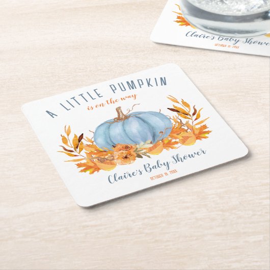 ブルーリトルカボチャ秋ボーイベビーシャワー スクエアペーパーコースター (アングル)
